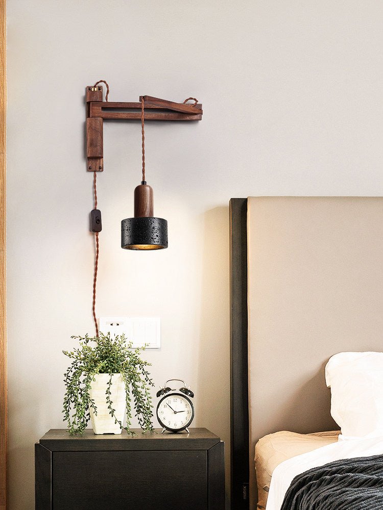 Nulso Adjustable Plug-In Black Travertine Wood Wall Lamp