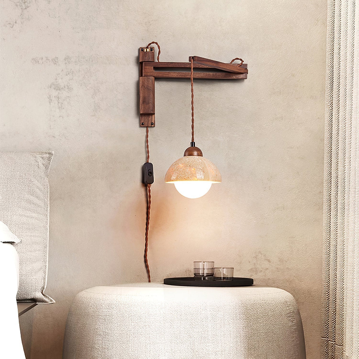 Noreenne Travertine Swing Arm Wall Lamp Plug-in