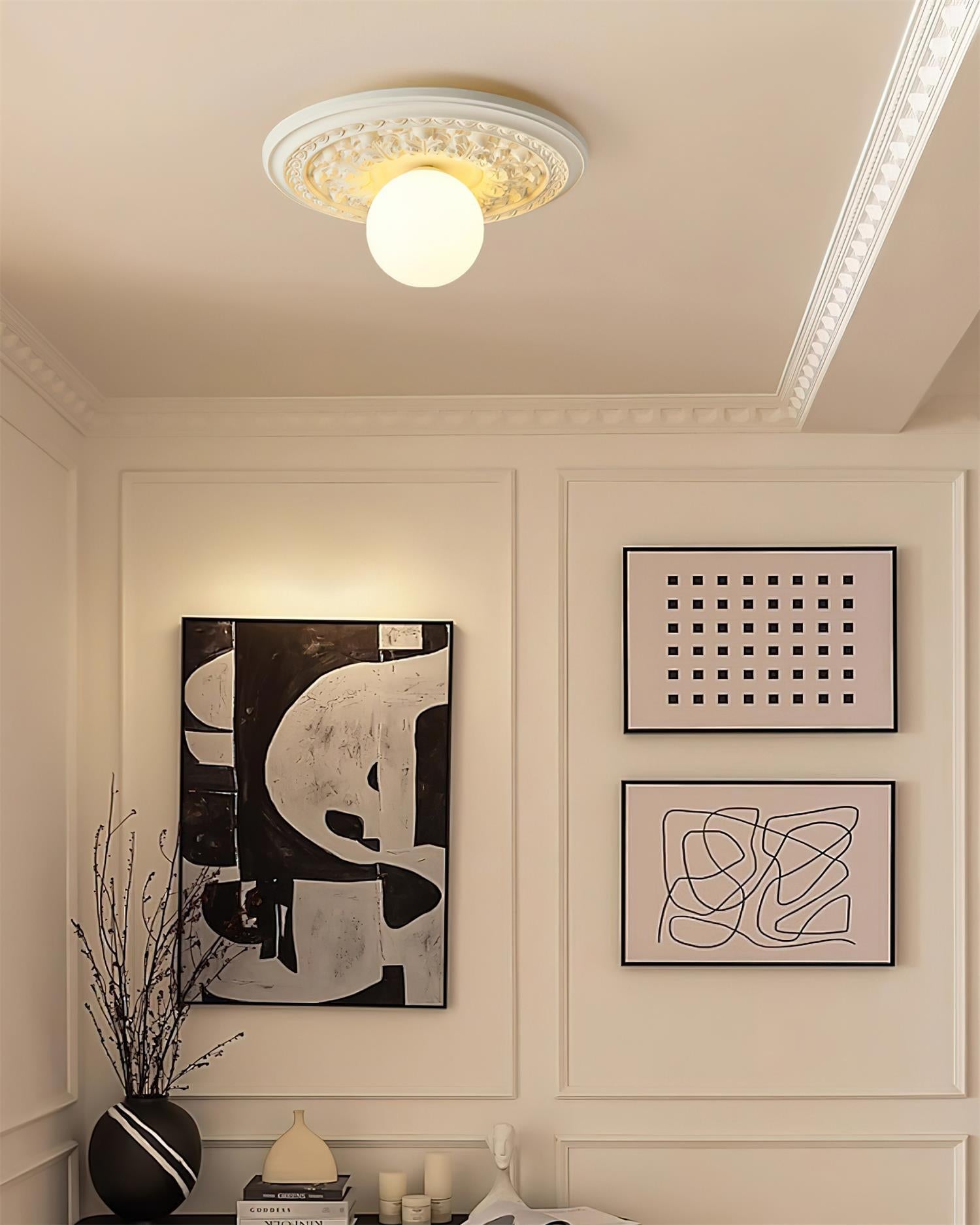 Ivorelle Vintage Carved Ceiling Light with Globe Shade - Neutral Decor