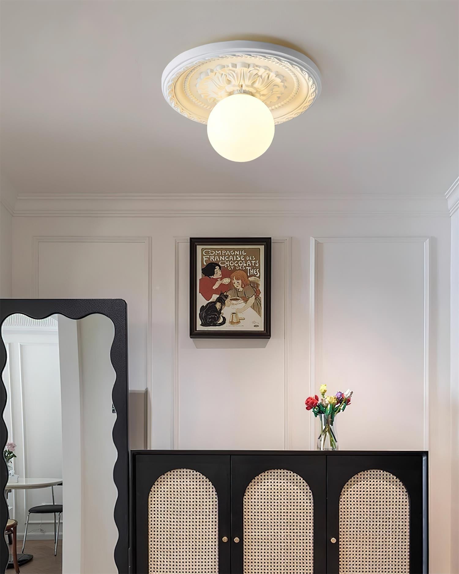 Ivorelle Vintage Carved Ceiling Light with Globe Shade - Neutral Decor