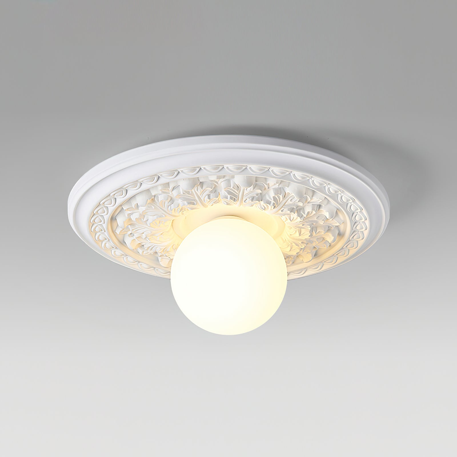 Ivorelle Vintage Carved Ceiling Light with Globe Shade - Neutral Decor