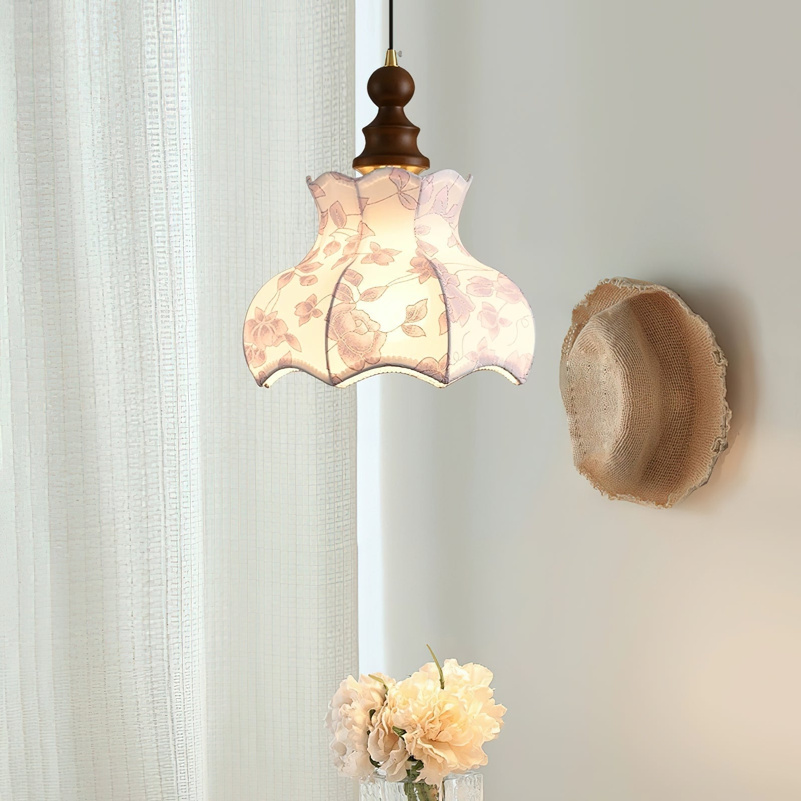 Pendant Lamp and Wood Fabric Vintage Floral Elegant - Neutral Decor