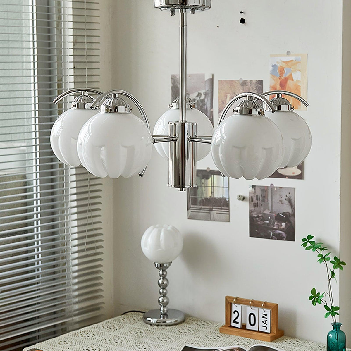Chandelier Chrome Curved Arms with Frosted Globe Shades