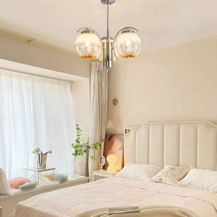 Chandelier Chrome Curved Arms with Frosted Globe Shades