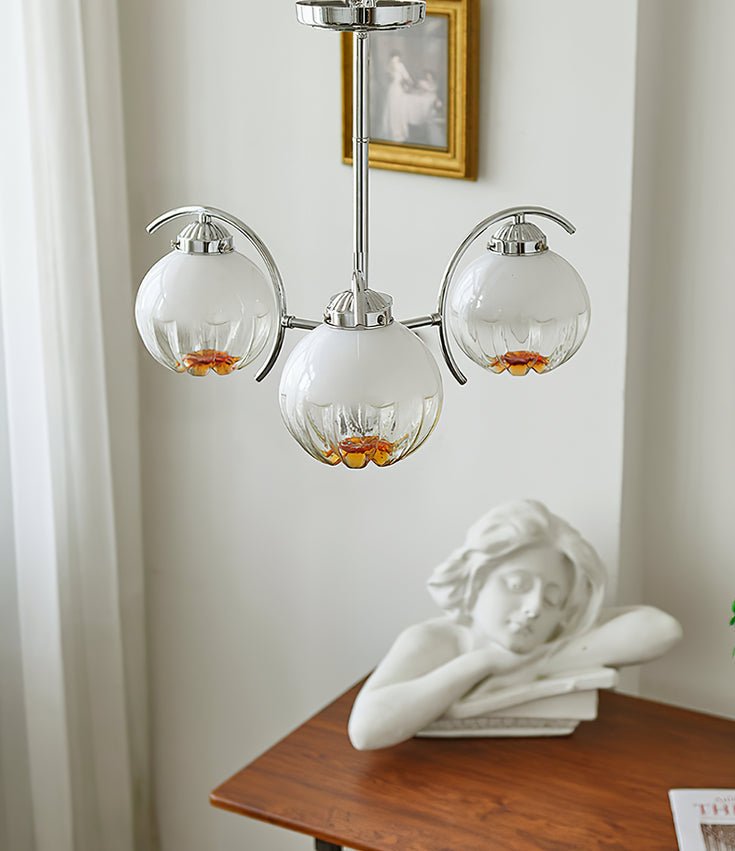 Chandelier Chrome Curved Arms with Frosted Globe Shades