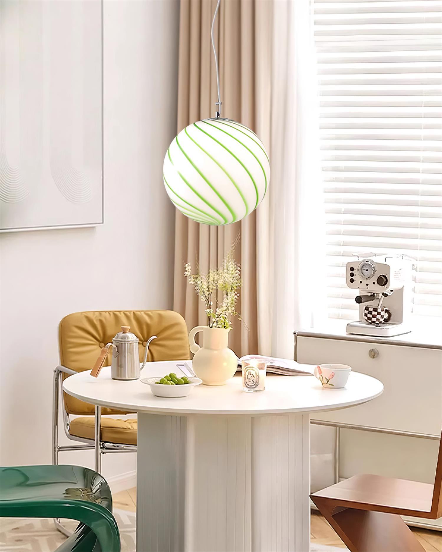 Pendant Lamp Glass Globe Light with Green Swirl Stripes - Neutral Decor