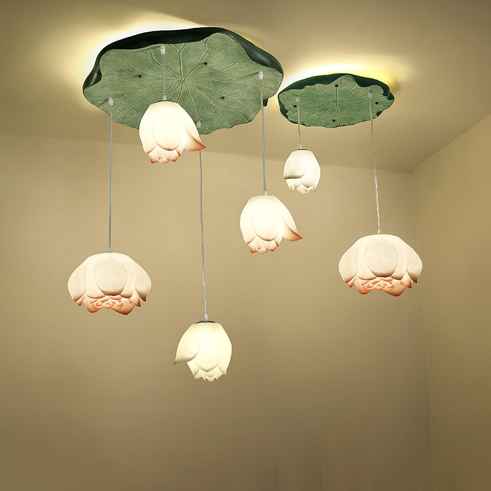 Rivinira Chandelier Lotus Floral Pendant Pink White 7-Light