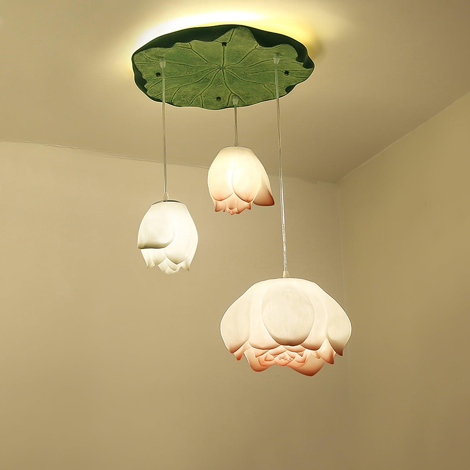 Rivinira Chandelier Lotus Floral Pendant Pink White 7-Light