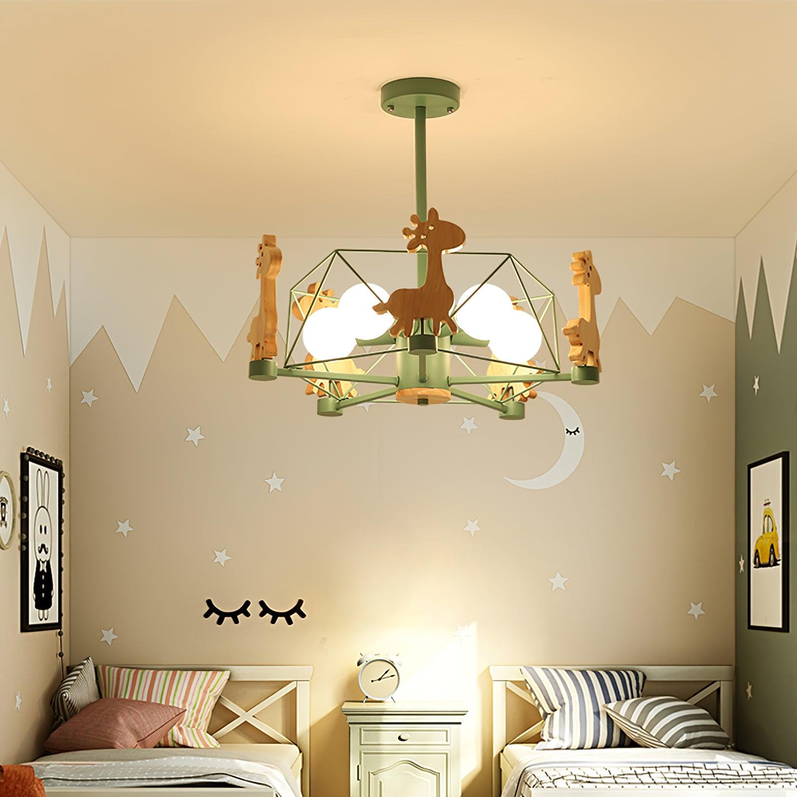 Rinelian Chandelier Lovely Deer Wooden Green & Pink