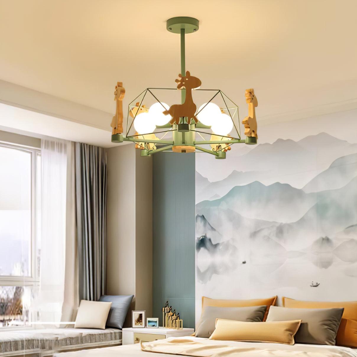 Rinelian Chandelier Lovely Deer Wooden Green & Pink