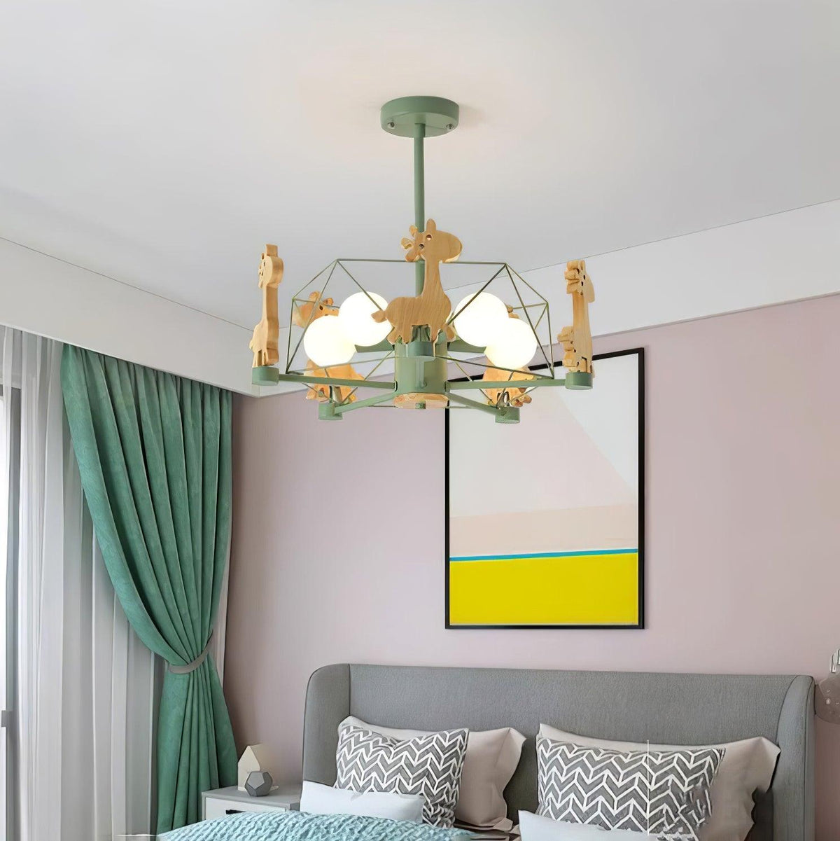 Rinelian Chandelier Lovely Deer Wooden Green & Pink