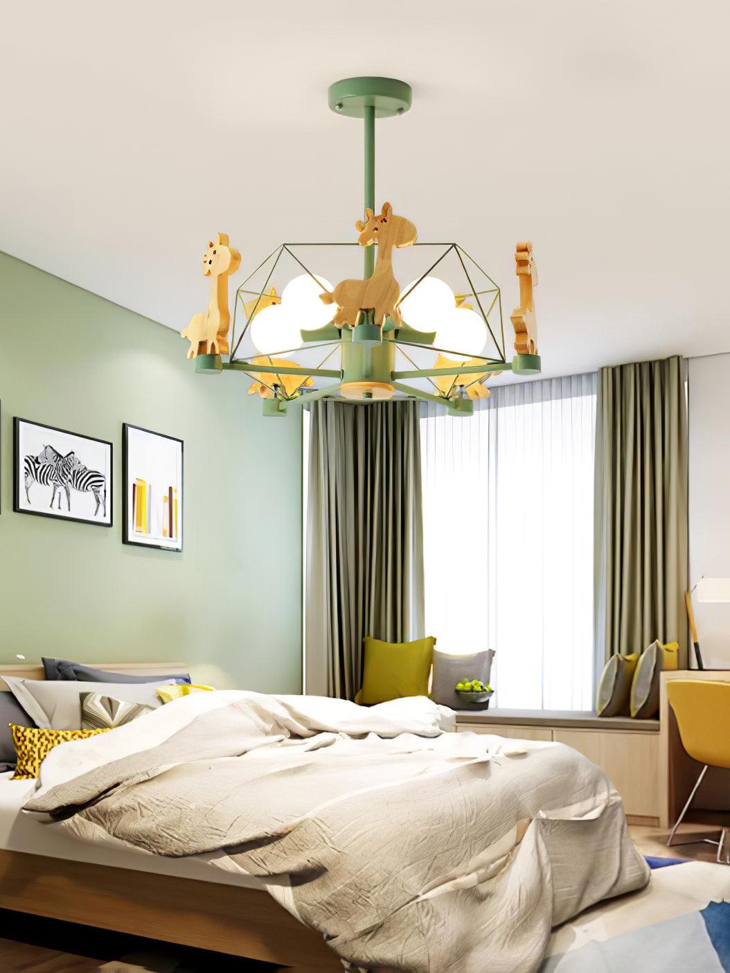 Rinelian Chandelier Lovely Deer Wooden Green & Pink