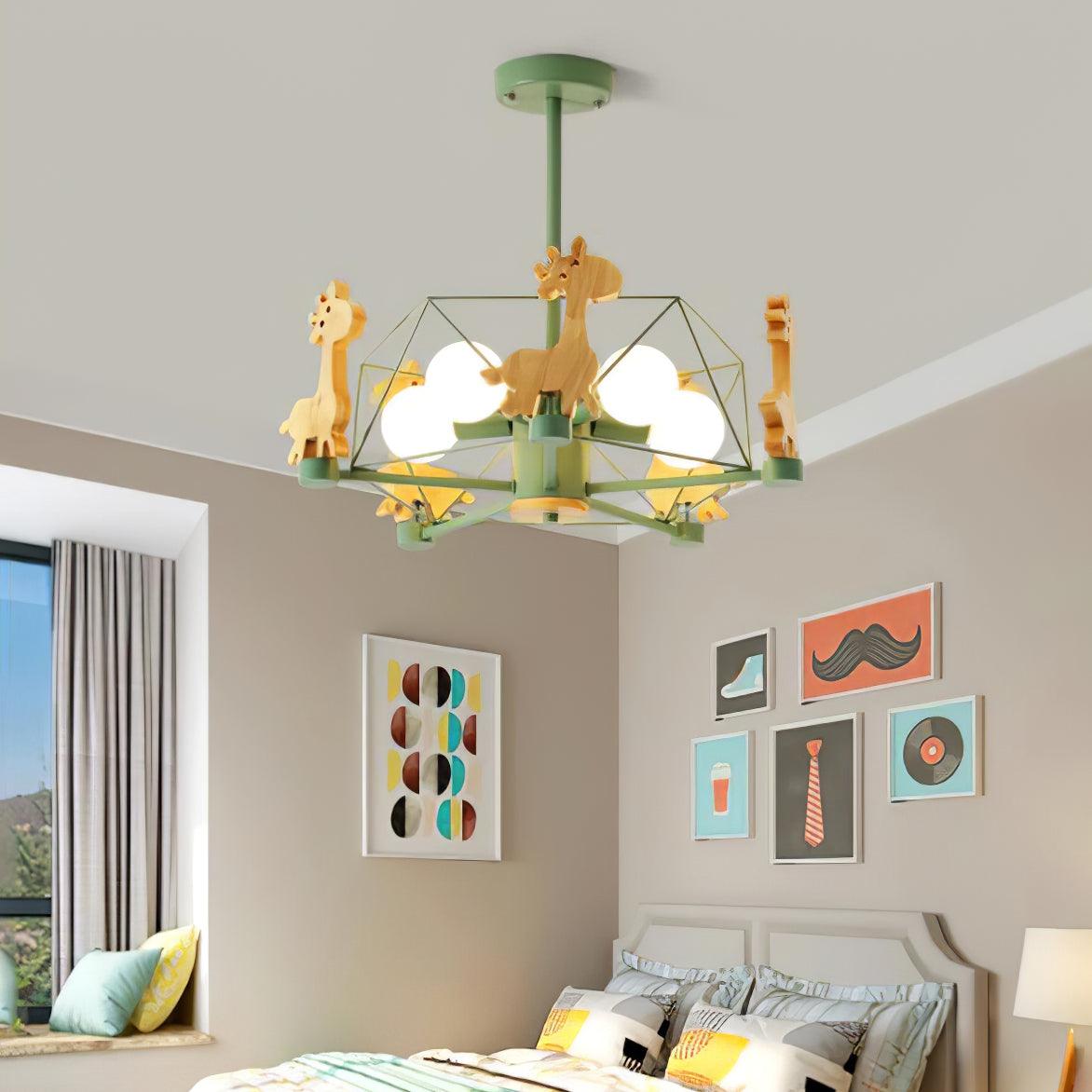 Rinelian Chandelier Lovely Deer Wooden Green & Pink