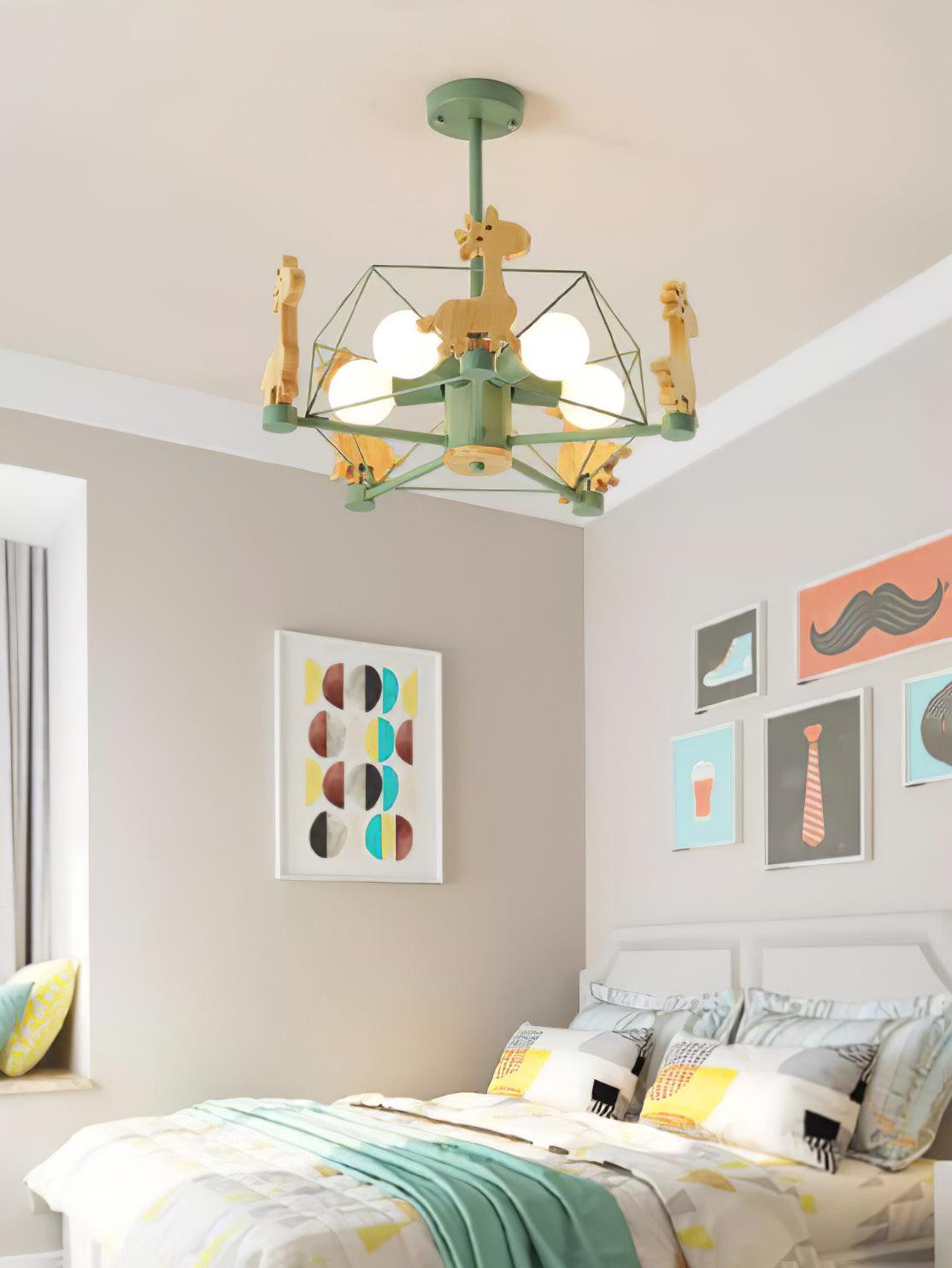 Rinelian Chandelier Lovely Deer Wooden Green & Pink