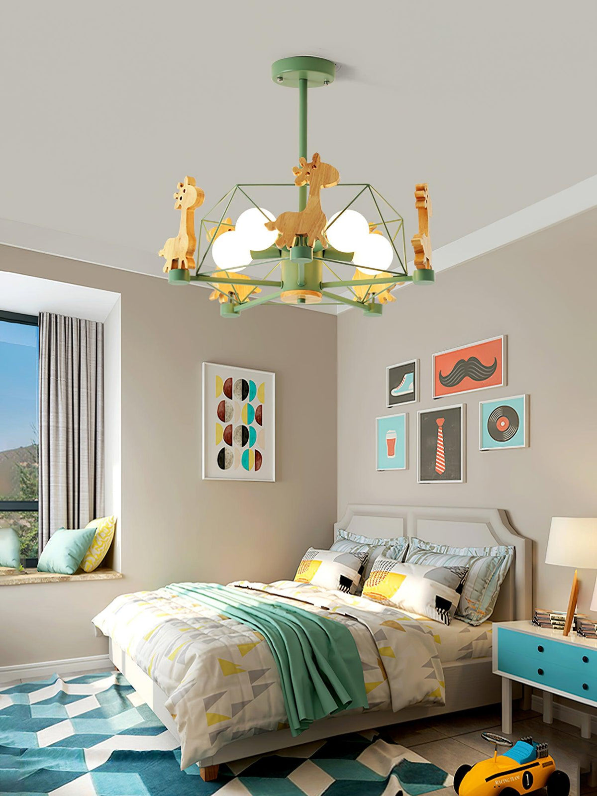 Rinelian Chandelier Lovely Deer Wooden Green & Pink