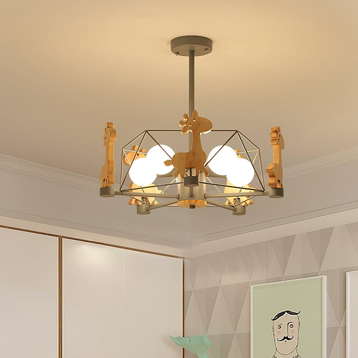 Rinelian Chandelier Lovely Deer Wooden Green & Pink