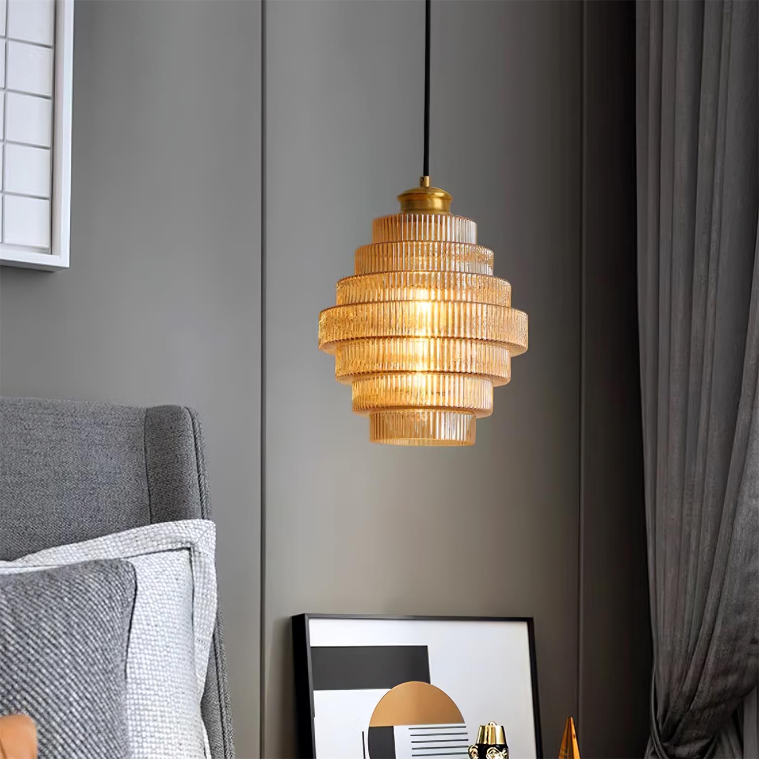 Brivelle Plug-In Ribbed Glass Pendant Light with Brass Accent - Neutral Decor