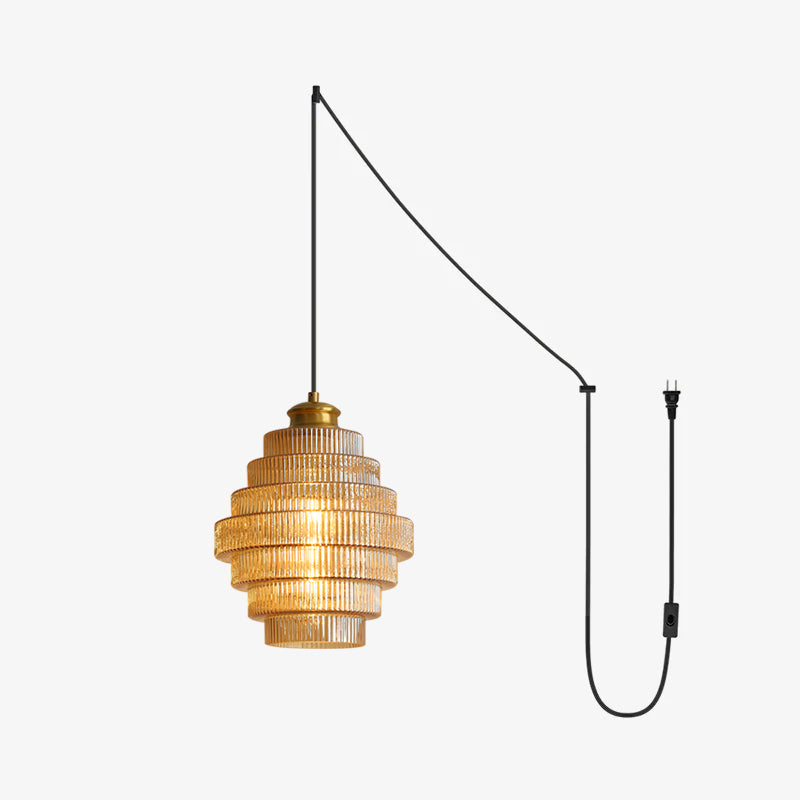 Brivelle Plug-In Ribbed Glass Pendant Light with Brass Accent - Neutral Decor