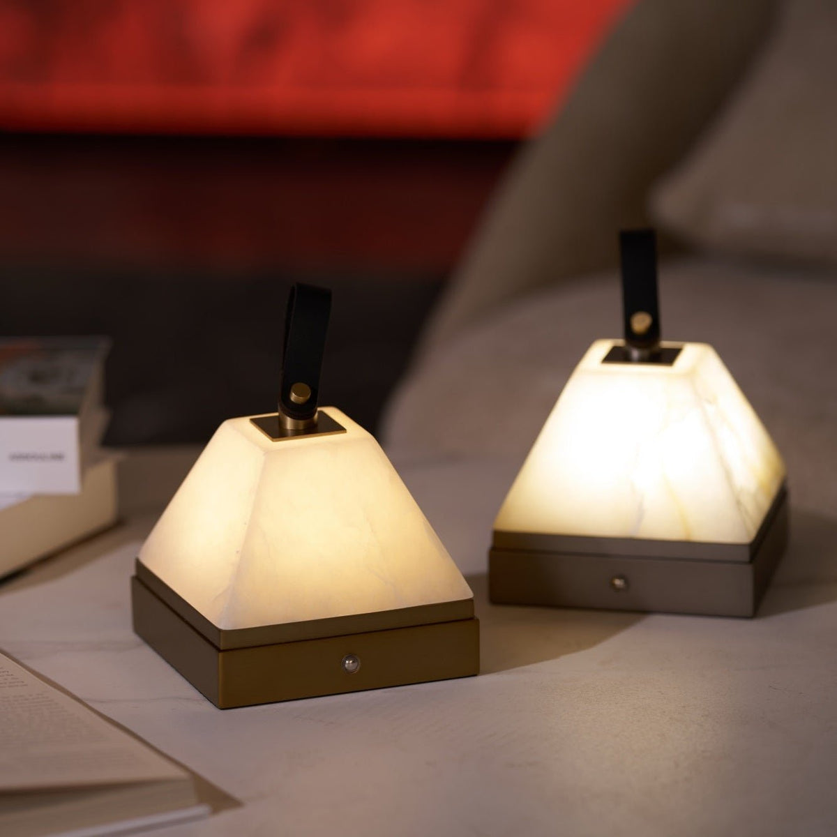 Pyramidale Alabaster Table Lamp with Leather Handle
