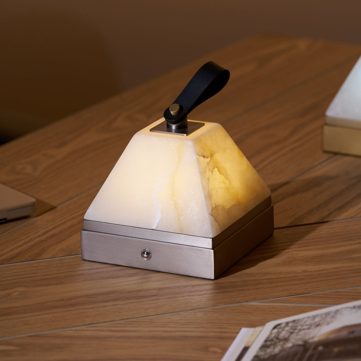 Pyramidale Alabaster Table Lamp with Leather Handle