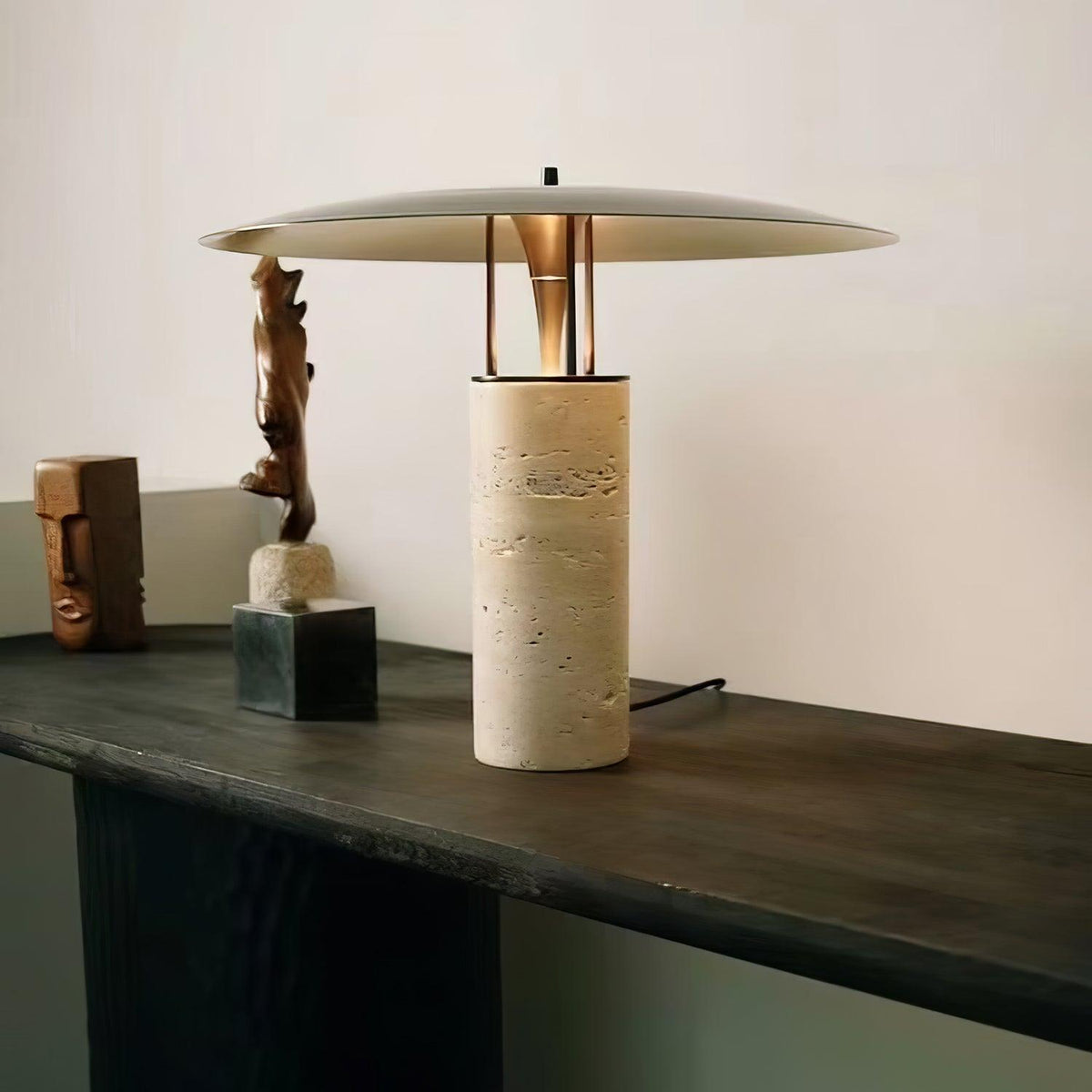 Eara Disc-Pillar Travertine Table Lamp