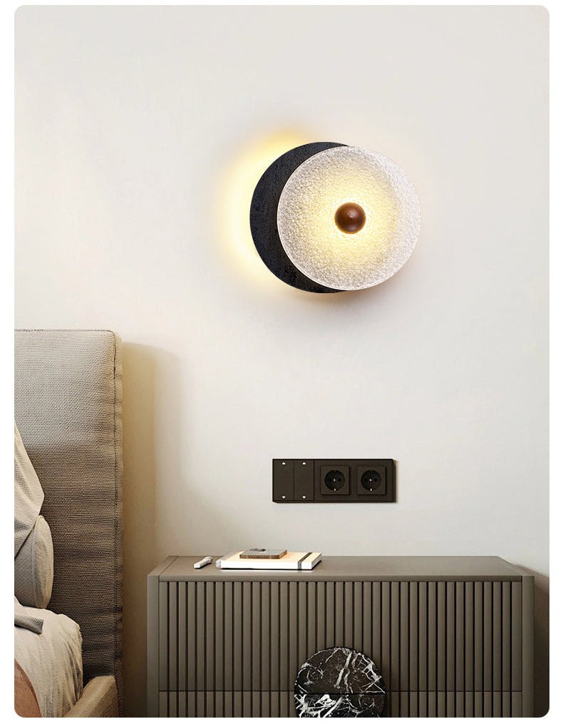 Valalaine Textured Black Travertine Glass Disc Wall Lamp