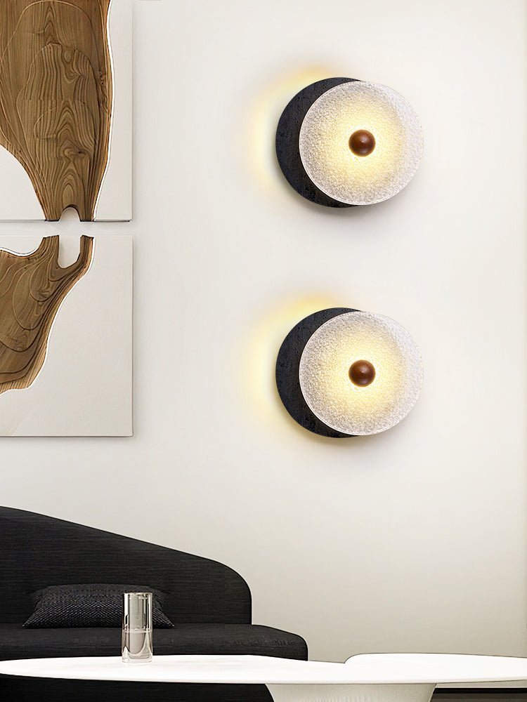 Valalaine Textured Black Travertine Glass Disc Wall Lamp