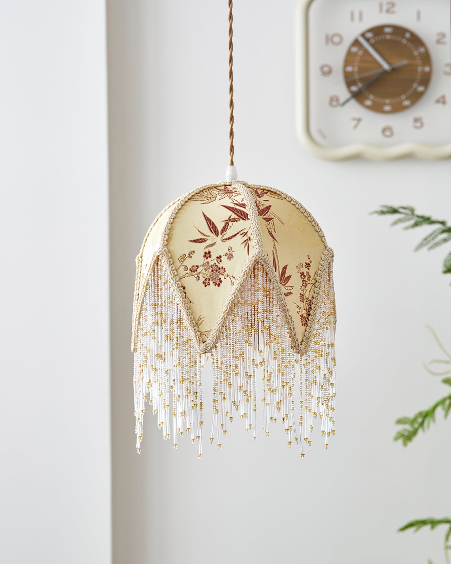 Magnolia Pendant Lamp Tassel Fabric Floral Bamboo Fringe - Neutral Decor