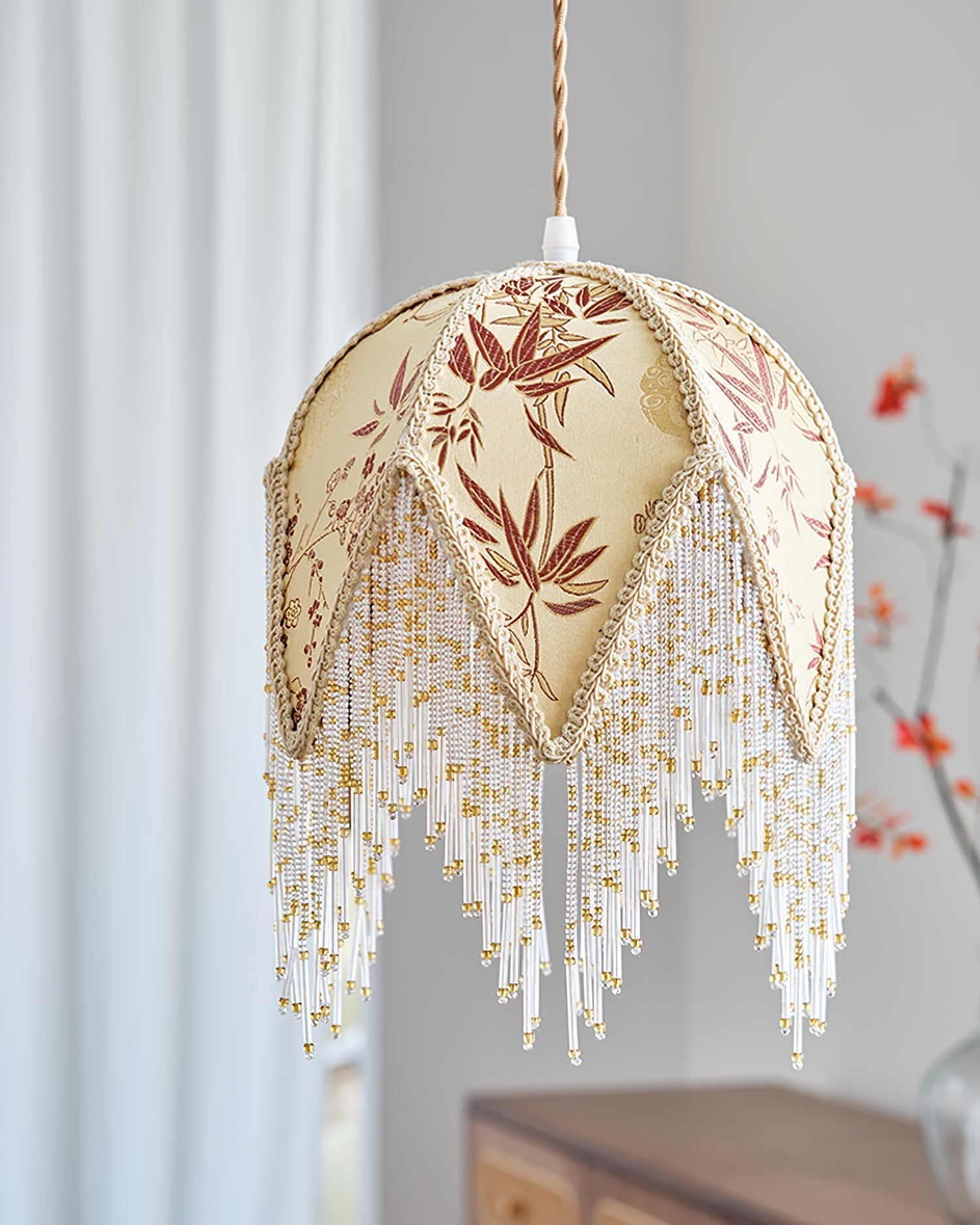 Magnolia Pendant Lamp Tassel Fabric Floral Bamboo Fringe - Neutral Decor
