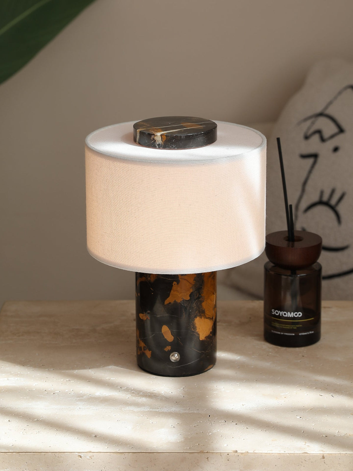 Kalvy Cylindrical Travertine Marble Table Lamp