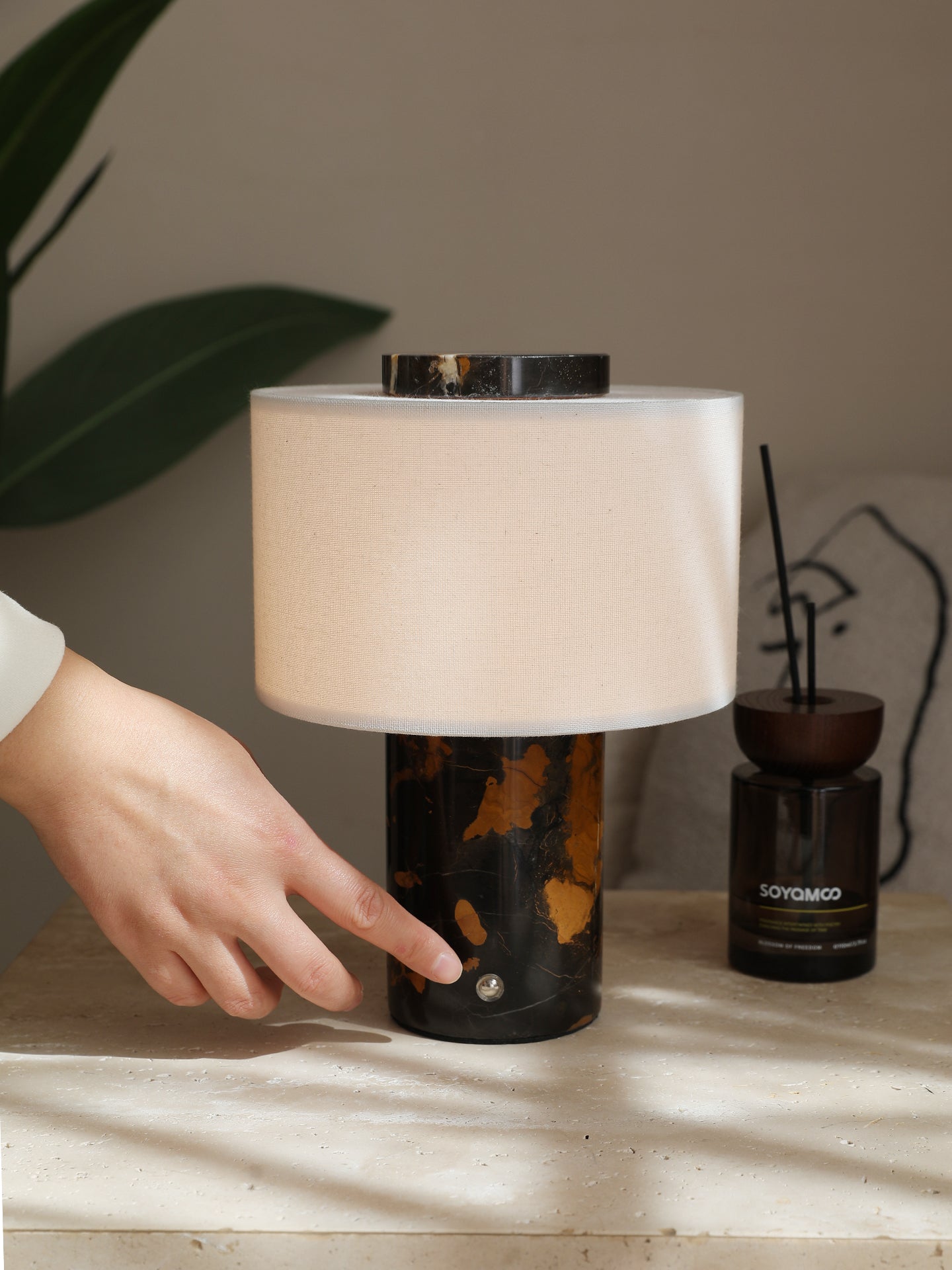 Kalvy Cylindrical Travertine Marble Table Lamp