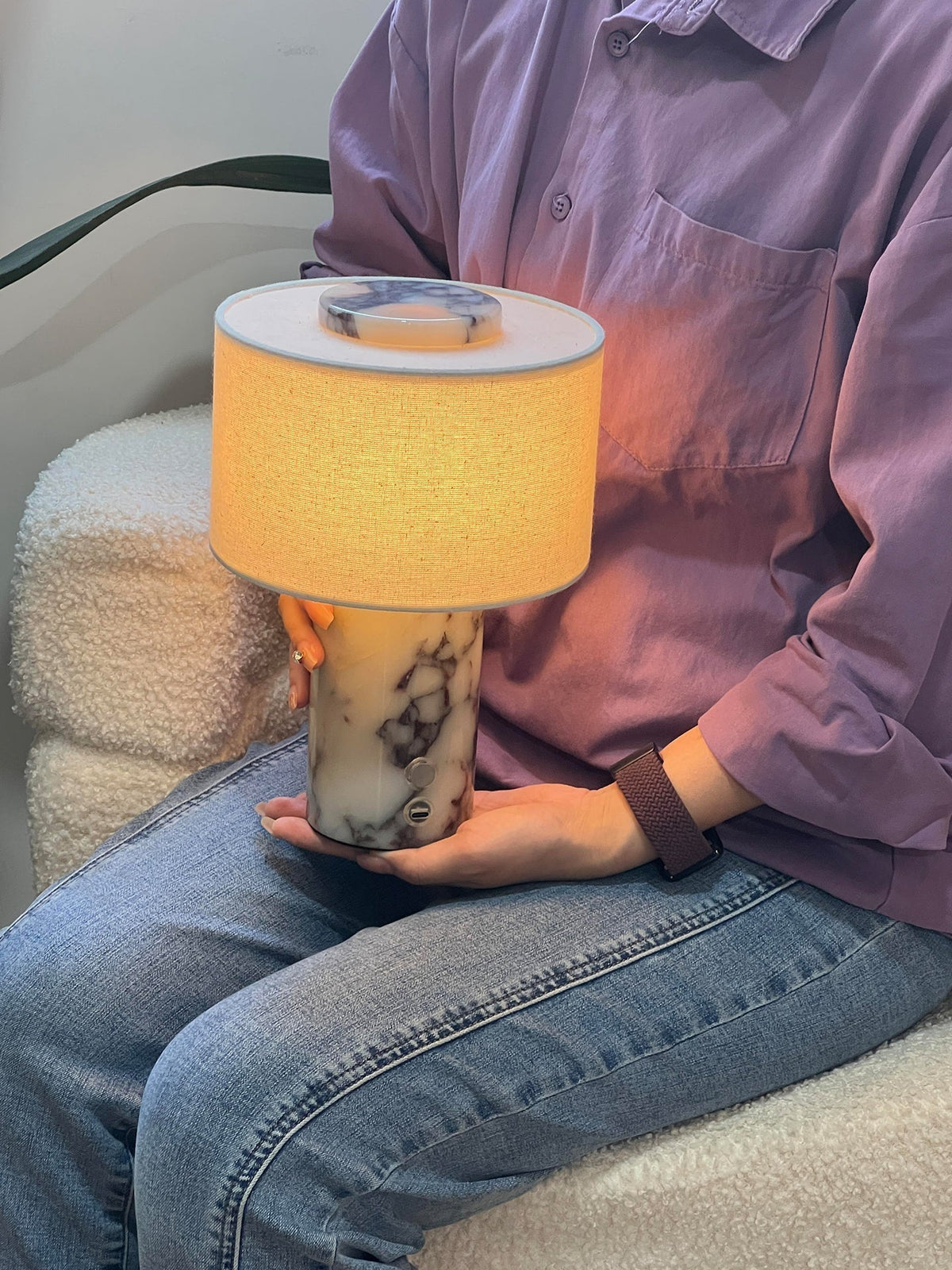 Kalvy Cylindrical Travertine Marble Table Lamp