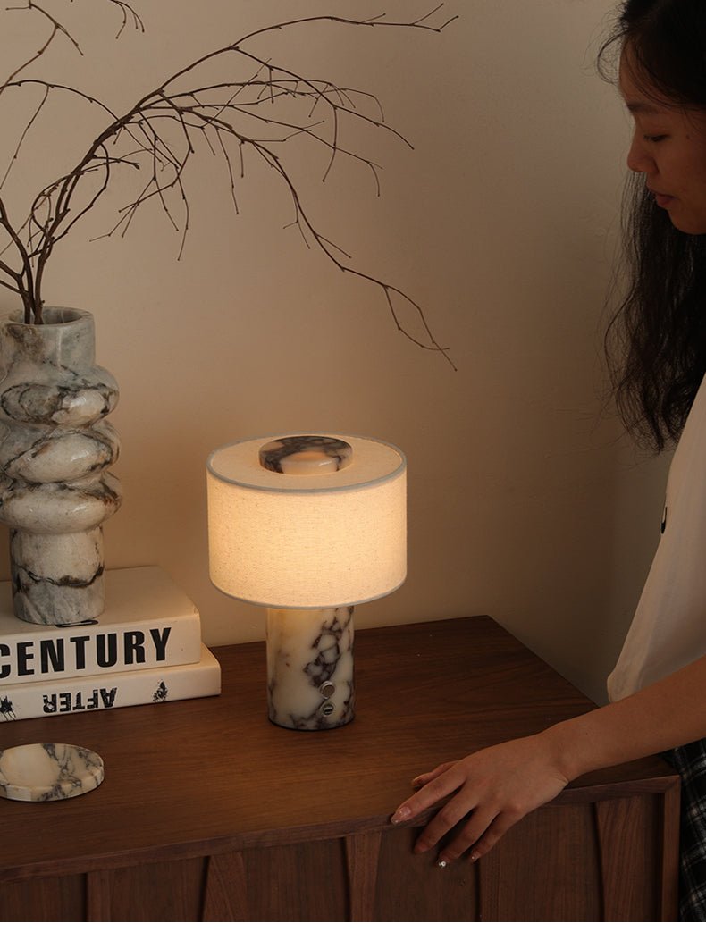 Kalvy Cylindrical Travertine Marble Table Lamp