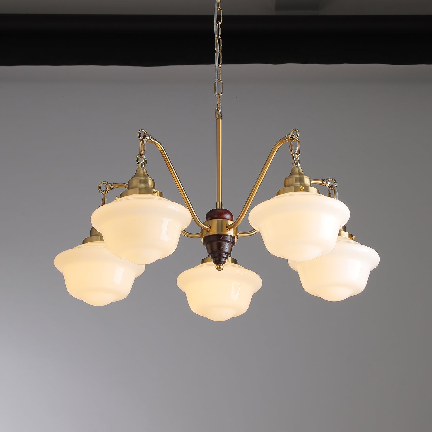 Syloira Chandelier Brass Wood Frosted Glass Classic