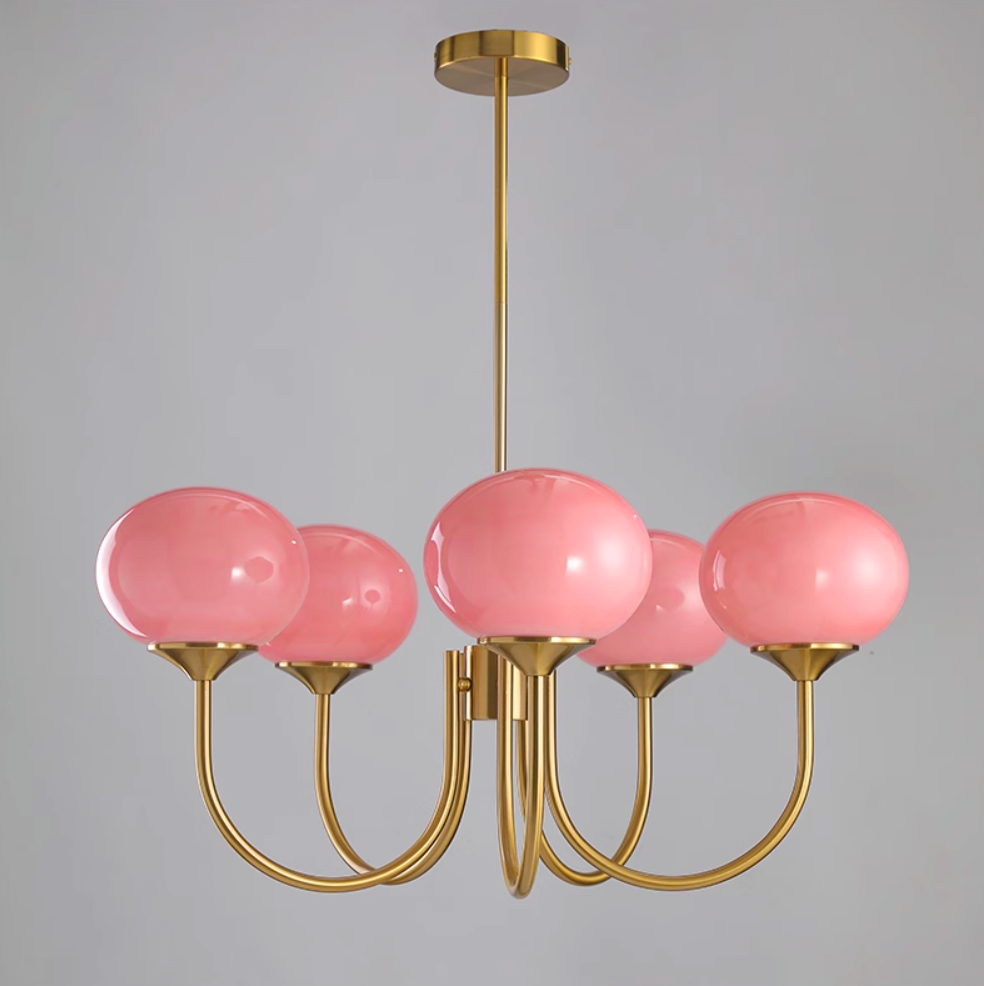 Lustra Chandelier Pink Glass Globe Gold - Neutral Decor