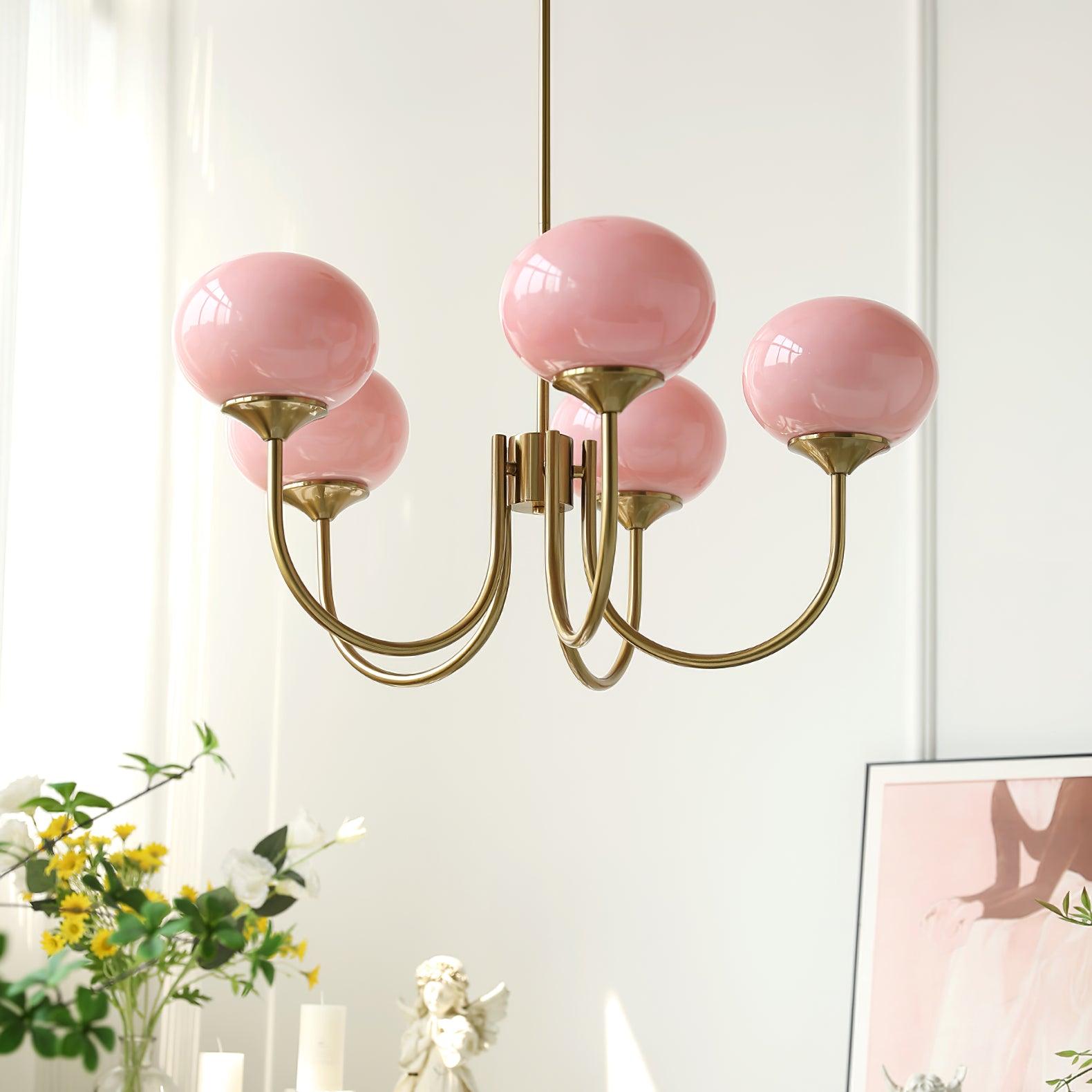 Lustra Chandelier Pink Glass Globe Gold - Neutral Decor