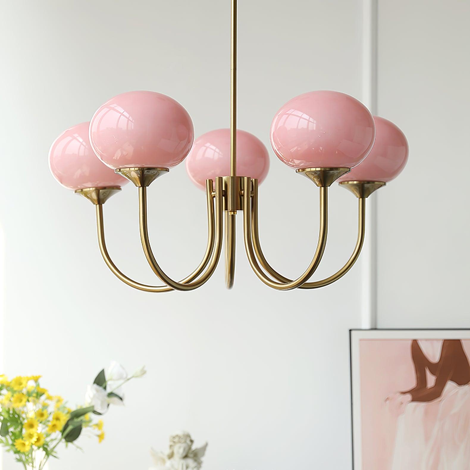 Lustra Chandelier Pink Glass Globe Gold - Neutral Decor