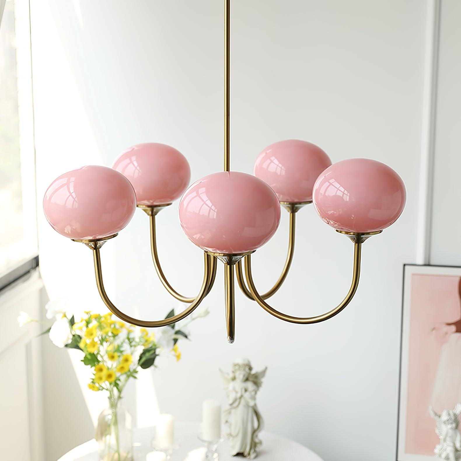 Lustra Chandelier Pink Glass Globe Gold - Neutral Decor