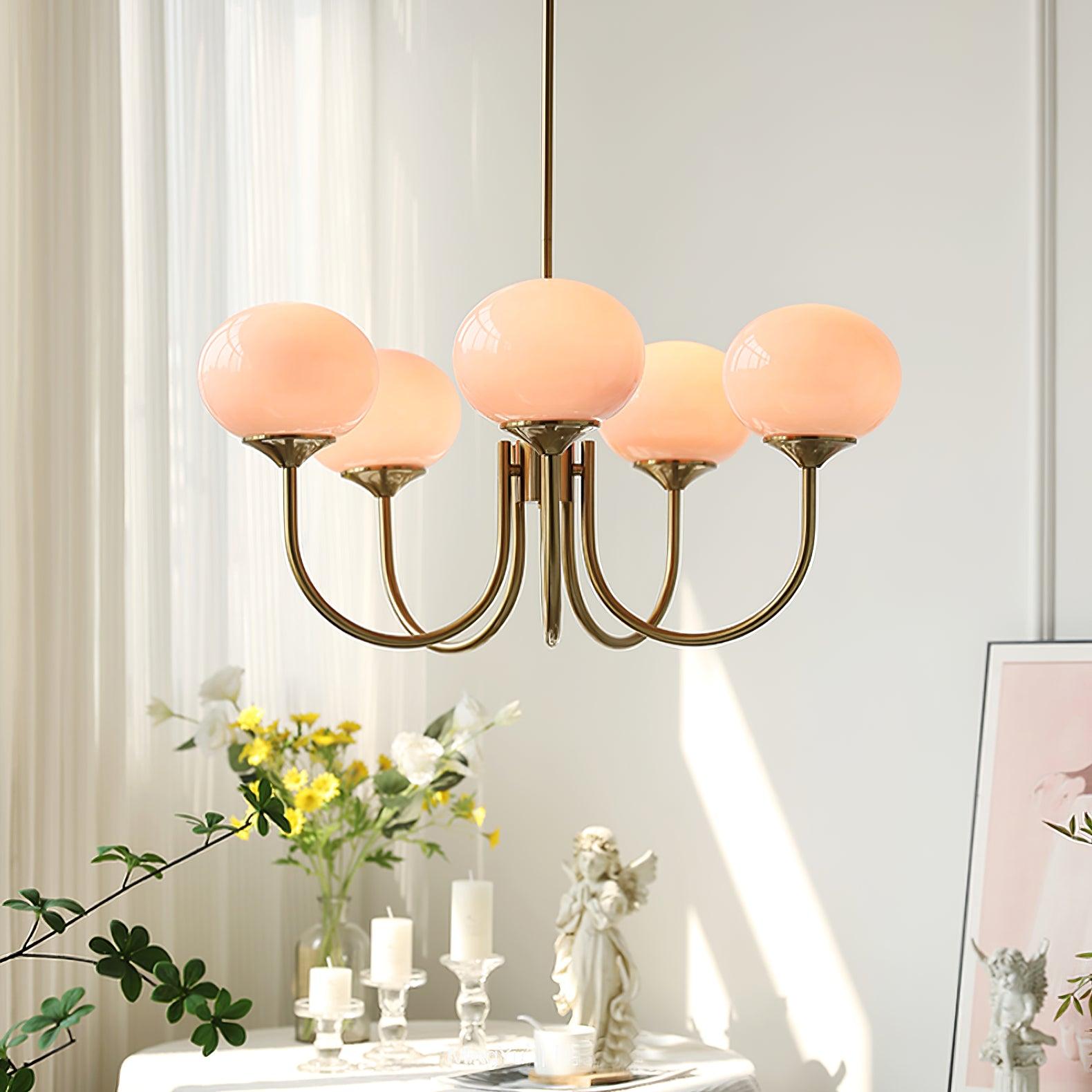 Lustra Chandelier Pink Glass Globe Gold - Neutral Decor