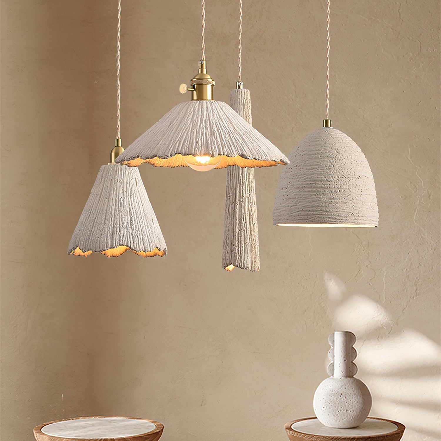 Microcement Pendant Lamp Adjustable Fabric Shade