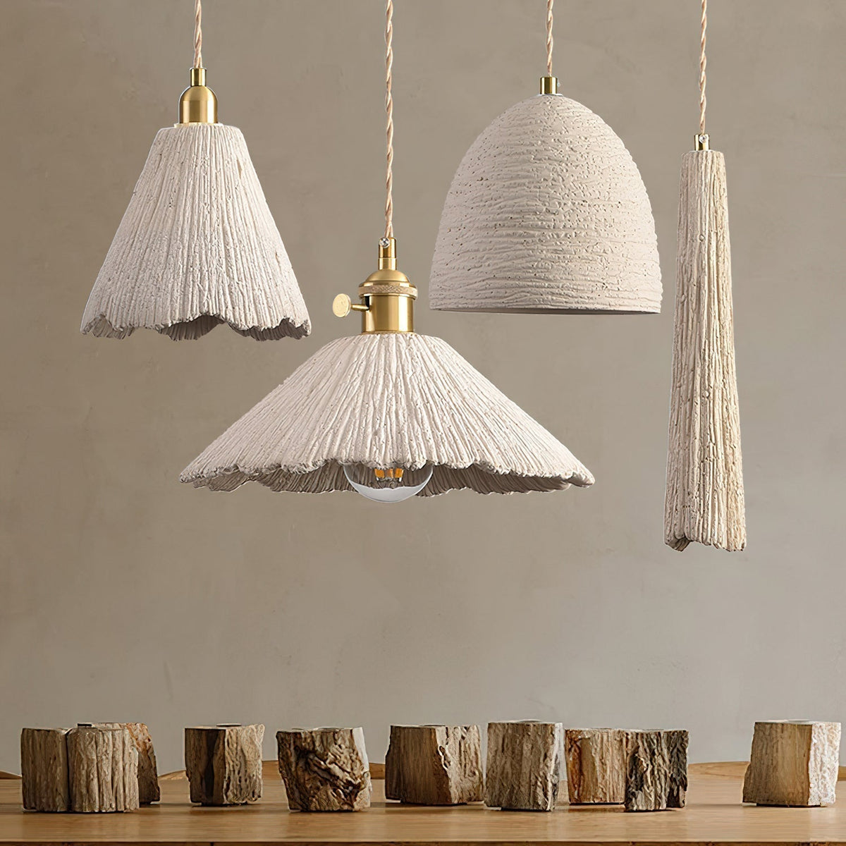Microcement Pendant Lamp Adjustable Fabric Shade