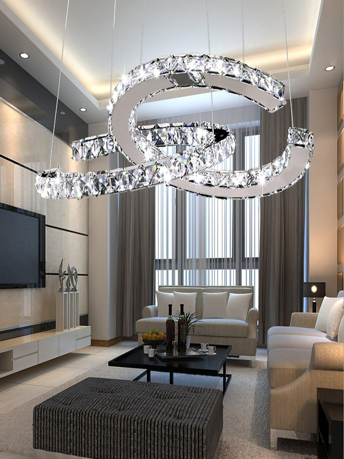 Luxisine Chandelier Crystal Double C Modern Silver 2-Ring