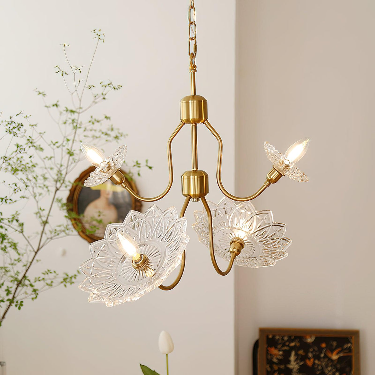 Celareon Chandelier Brass Glass Floral Vintage