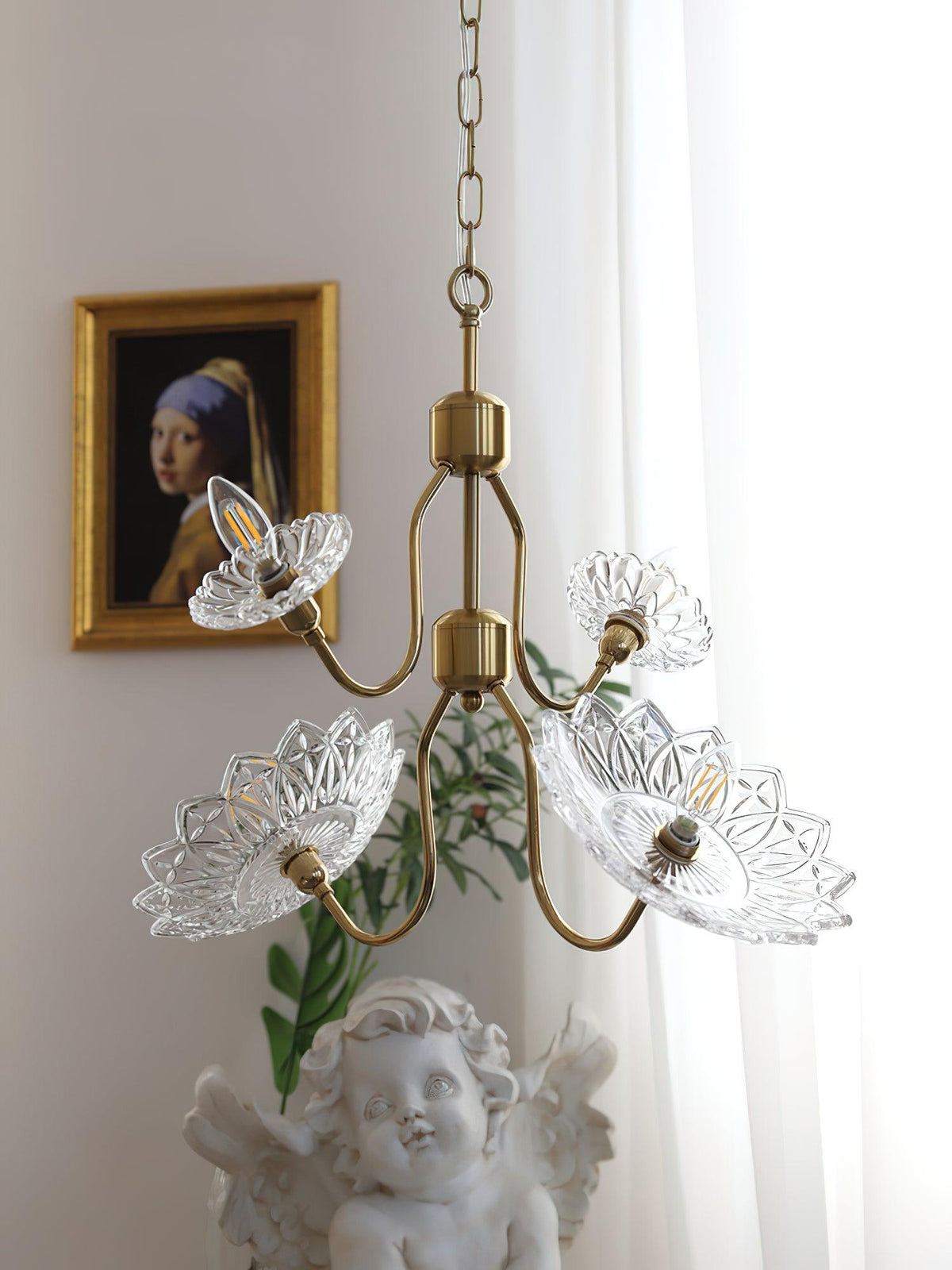 Celareon Chandelier Brass Glass Floral Vintage