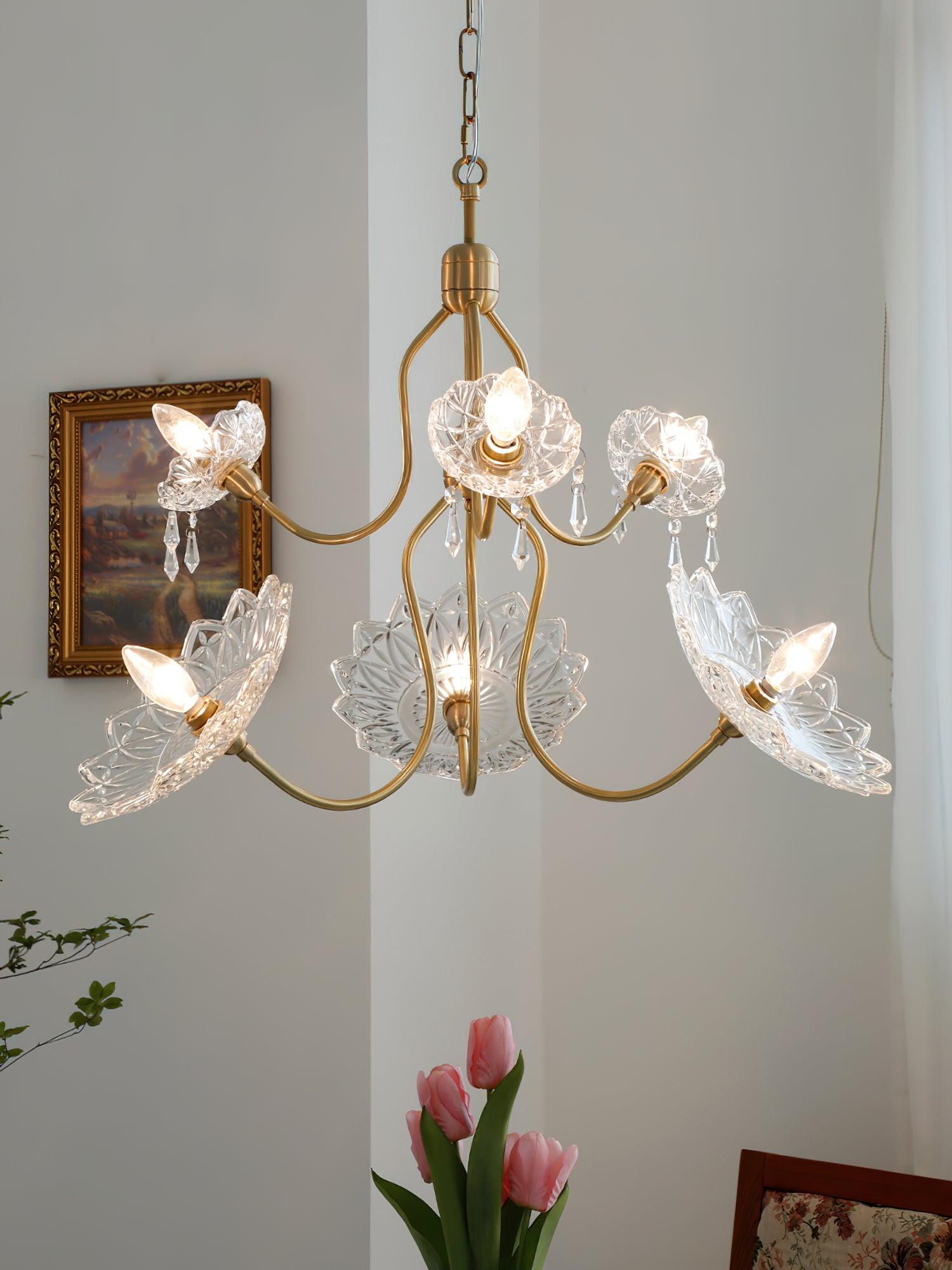 Celareon Chandelier Brass Glass Floral Vintage