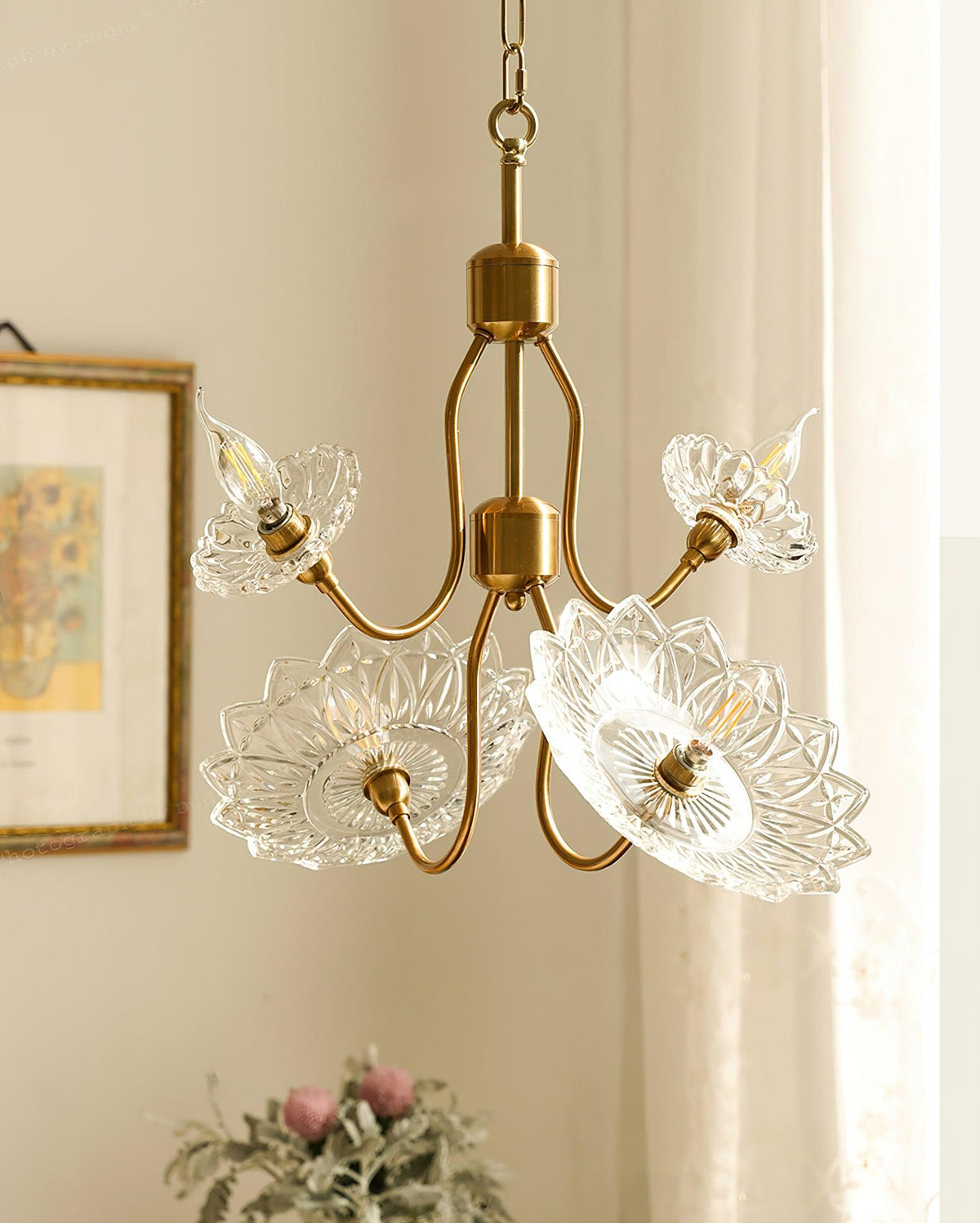 Celareon Chandelier Brass Glass Floral Vintage