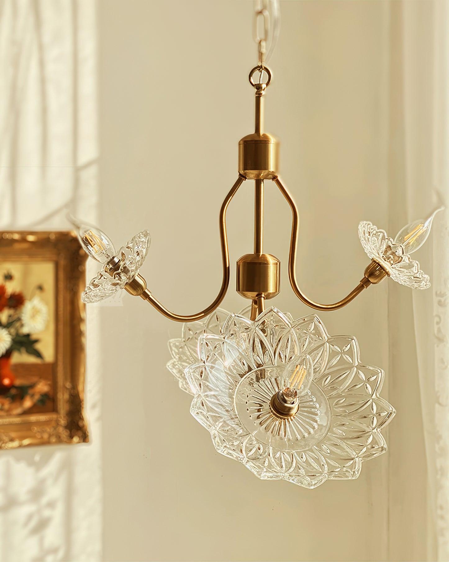 Celareon Chandelier Brass Glass Floral Vintage