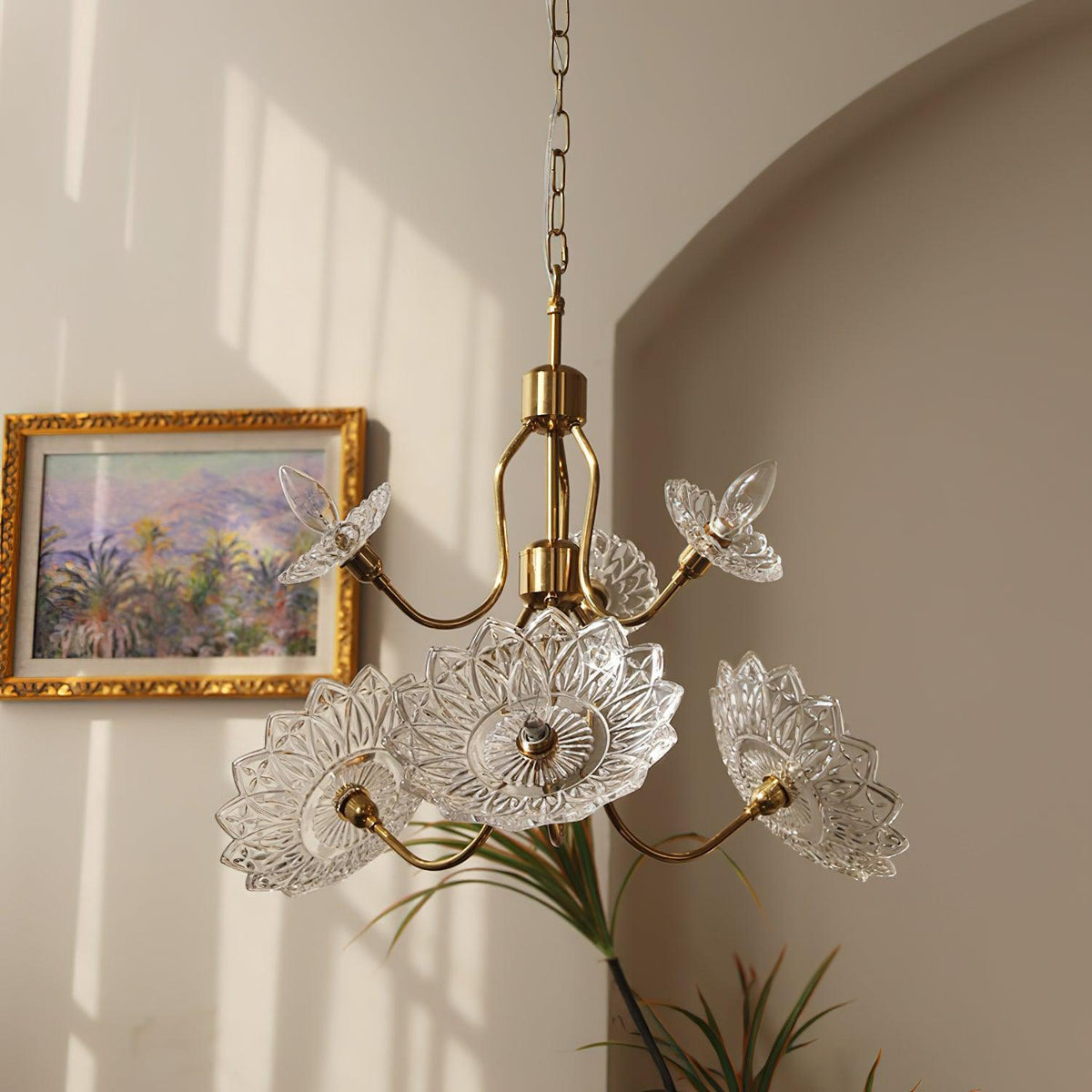 Celareon Chandelier Brass Glass Floral Vintage