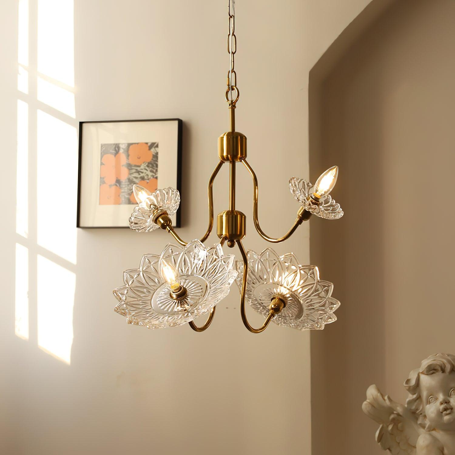 Celareon Chandelier Brass Glass Floral Vintage