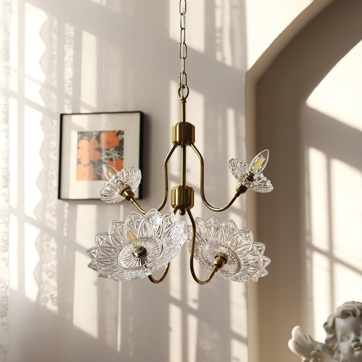 Celareon Chandelier Brass Glass Floral Vintage